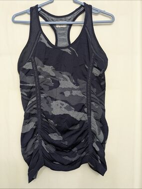 Athleta Gray Black Camo Ruched Racerback Athletic Tank Top L